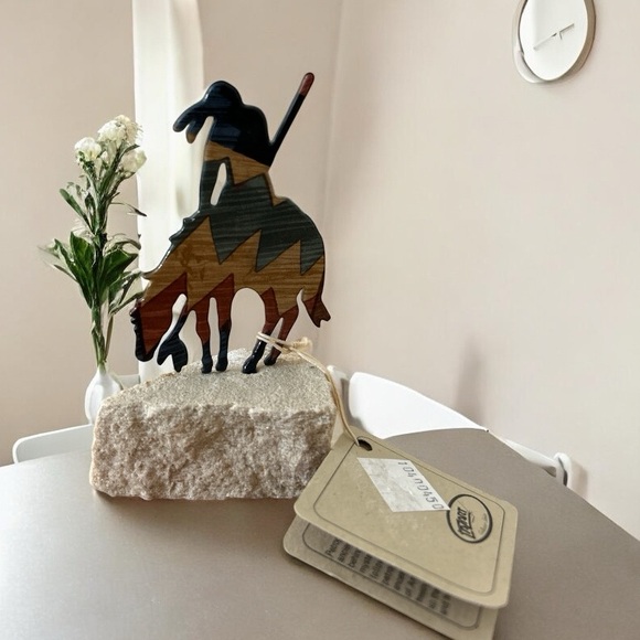 Vintage Lazart Metal Warrior On Sandstone Sculpture Southwestern Art NEW - Picture 2 of 6